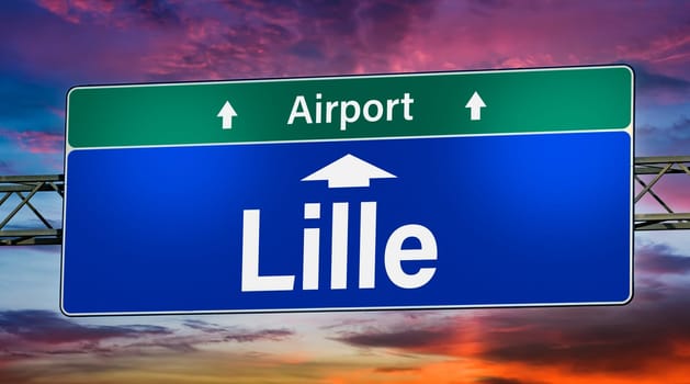 Road sign indicating direction to the city of Lille, France.