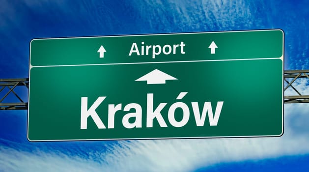 Road sign indicating direction to the city of Krakow, Poland.