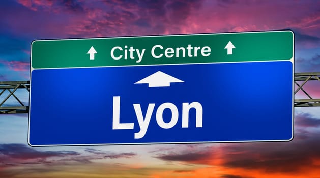 Road sign indicating direction to the city of Lyon, France.