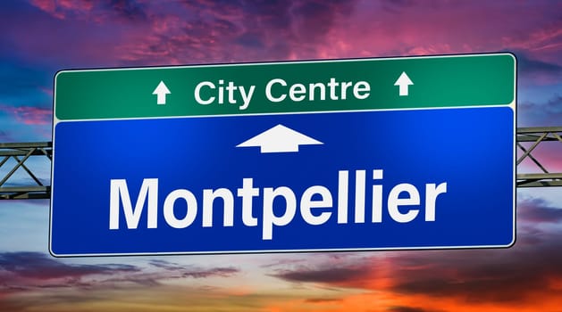 Road sign indicating direction to the city of Montpellier, France.
