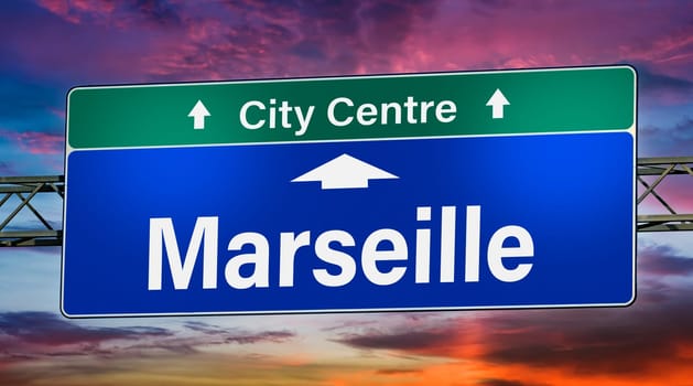 Road sign indicating direction to the city of Marseille, France.