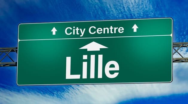 Road sign indicating direction to the city of Lille, France.