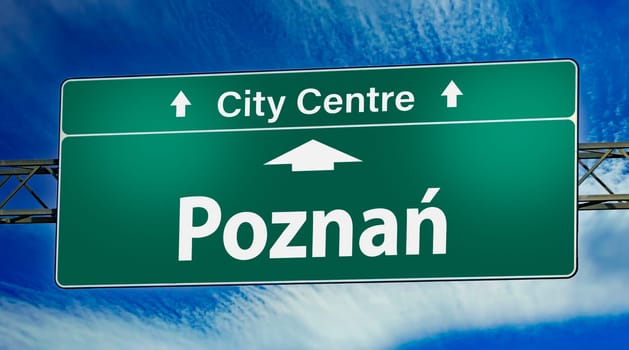 Road sign indicating direction to the city of Poznan, Poland.