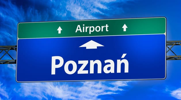 Road sign indicating direction to the city of Poznan, Poland.