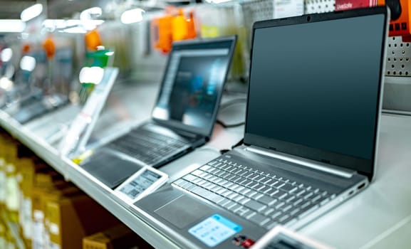 Laptop computers put up for sale in a store.