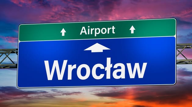Road sign indicating direction to the city of Wroclaw, Poland.