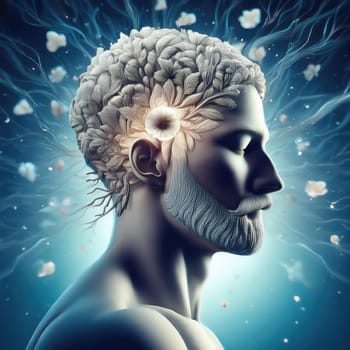 Abstract human head with intricately detailed flowers and leaves texture. Blooming human mind like a network of neural pathways. Memory loss conceptual background