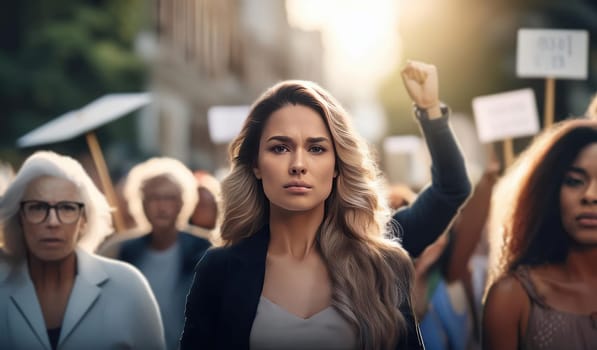 Group of people at a protest in the street with women as central figures, holding placards and raising fists up. Feminist demonstration for unity, public activism concept