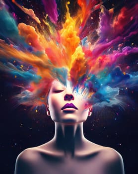 Multipolar disorder conceptual portrait with multicolor cosmic explosion coming out of woman head. State of mind and mental health concept. Imagination thoughts as vibrant, colorful clouds or smoke