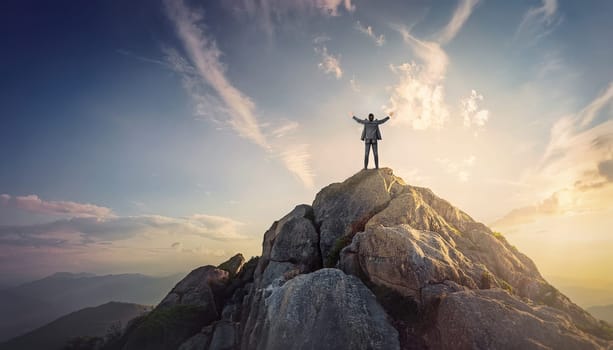 Businessman in suit standing triumphantly on the top of a mountain peak with arms raised up celebrating victory success. Achievement and reaching new heights concept