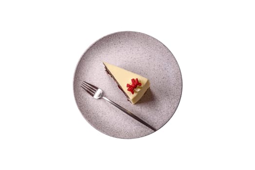 Piece of sweet layered cheesecake with cherries and poppy seeds on a white background