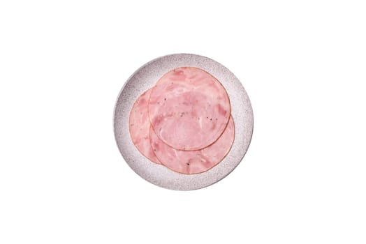 Smoked ham with salt, spices and herbs cut into round slices on a white background