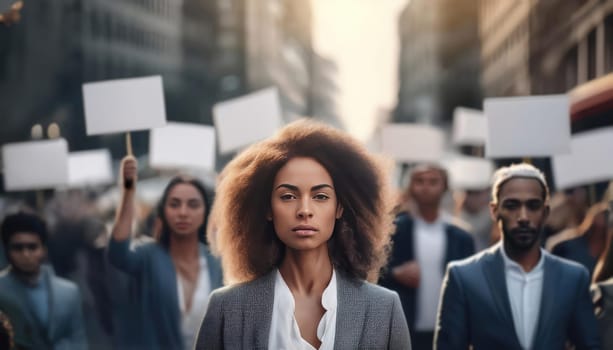Group of young African American people protesting in the street holding protest signs and placards. Public demonstration, civic engagement and social activism with a black woman in front of the crowd