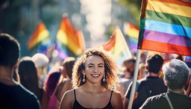LGBTQ+ pride parade for equality with crowd of people participating in a march on the street fluttering with multiple rainbow flags