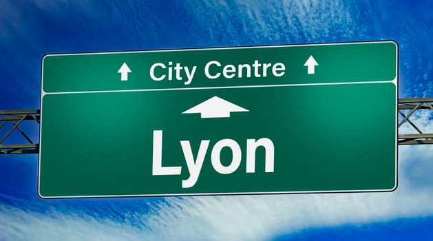 Road sign indicating direction to the city of Lyon, France.