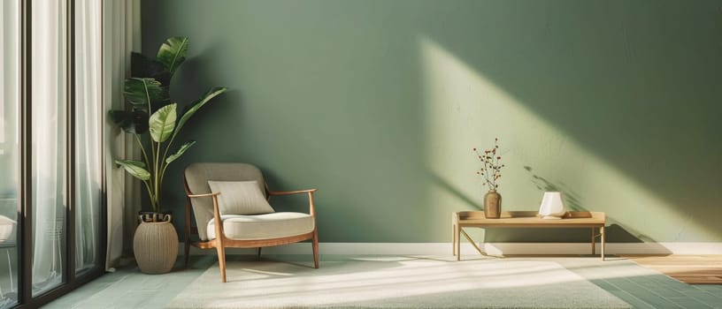 Sun-drenched interior with green walls and a cozy chair. Harmonious and airy, it's a peaceful retreat