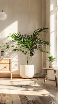Morning light streams across a room highlighting potted plants and wooden furniture for a serene vibe
