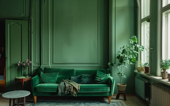 Plush green sofa set against a monochrome wall, creating a focal point in this modern, plant-filled space