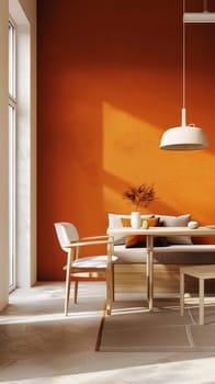 Elegant dining area basking in warm light, with a minimalist aesthetic. Contrasting shadows enhance the mood