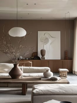 Contemporary living room adorned with earth tones and subtle decor for a relaxing atmosphere
