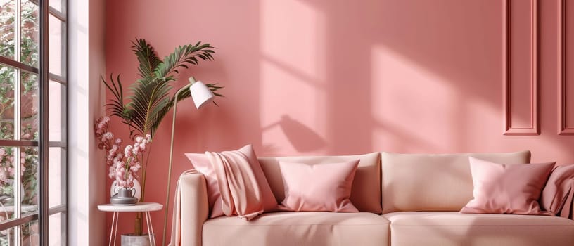 Soft pink tones create a tranquil living space with stylish comfort and blooming accents. Serene and chic