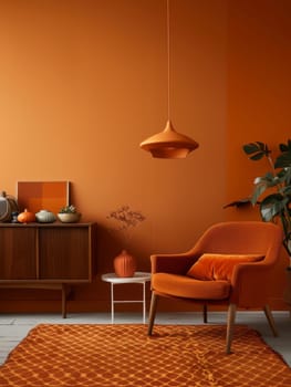 Modern living room with vibrant orange tones and mid-century furniture. Perfect harmony in color and design
