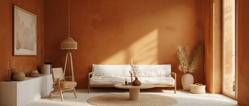 Sunlit living room with rustic orange walls and boho accents. Natural textures complement the homely vibe