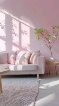 Soft sunlight enhances the warm, pink tones of a comfortable living space