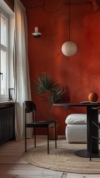 A cozy corner with vibrant red walls and a spherical hanging lamp. Rustic meets modern in this stylish space