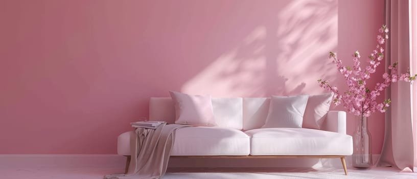 A chic living room basks in soft light, with plush pillows and sheer curtains