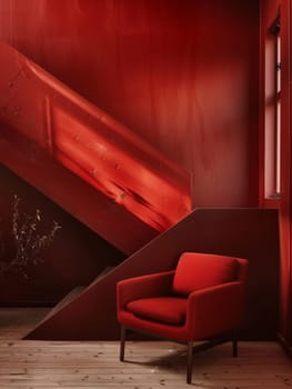 Bold red stairway with a striking contrast against dark wood floors. Architectural interest and color pop