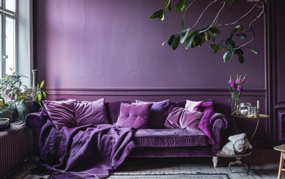 Eclectic decor with a plush purple sofa and botanical highlights in a vintage setting