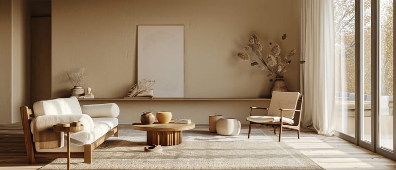Warm sunlight floods a tranquil living space, highlighting earthy tones and organic textures