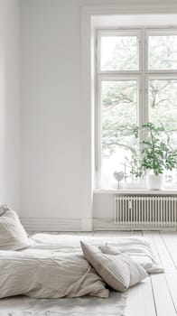 Sun-drenched bedroom in white, offering a refreshing view of nature through large windows