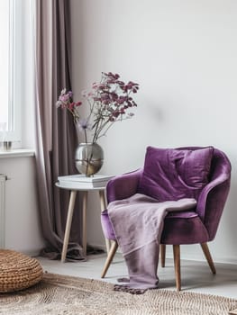 A comfortable purple armchair set in a modern interior with soft lighting and decor