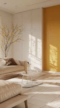 Warm living room details with yellow wall and sunlight playing on soft textures