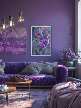 Vibrant purple accents adorn a cozy, eclectic living space