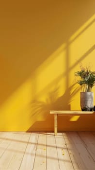 A minimalist bench under a vibrant yellow wall catches the playful shadows of a sunny day