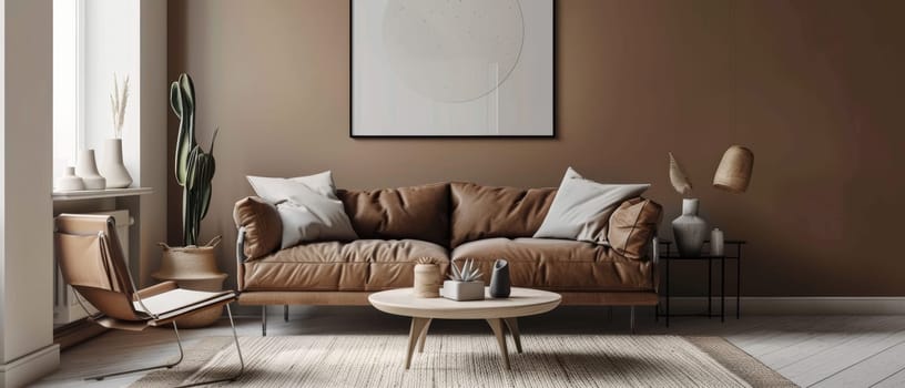 Luxe brown leather sofa in a modern room with abstract art. Natural textures and a sleek chair complement the scene