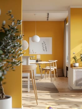Sunshine spills over a modern dining area, casting shadows across the sleek wooden furniture and yellow walls