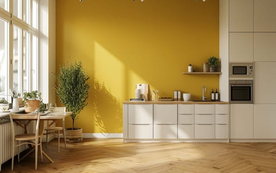 Sun-kissed kitchen featuring yellow walls and natural wood, radiating a cheerful atmosphere