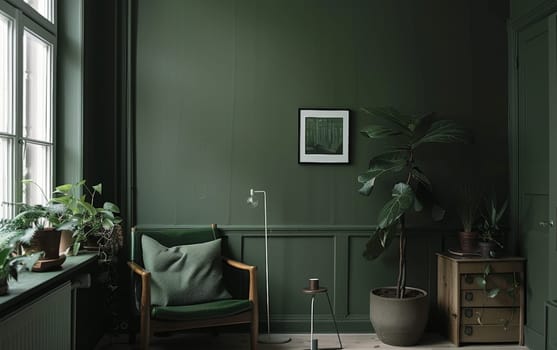A serene living space bathed in green, featuring a classic armchair and a collection of vibrant houseplants