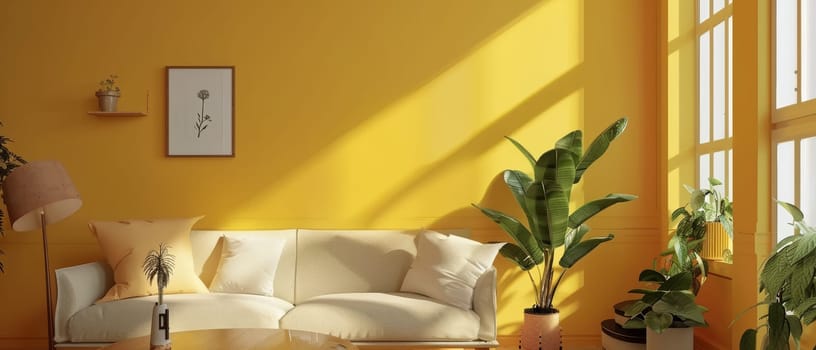 Golden afternoon sun streams into a living room, highlighting a comfy sofa and vibrant houseplants