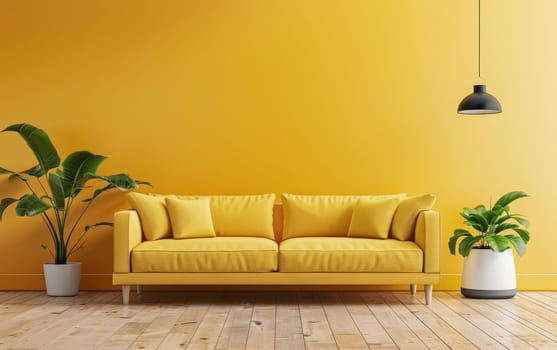 A minimalist living room boasts a bold yellow sofa, complemented by green indoor plants and sleek modern decor