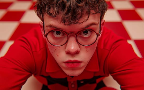 Young caucasian male with curly hair and glasses in red checkered room.