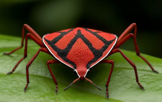 Colorful shield bug perched on leaf with striking black and red patterns.