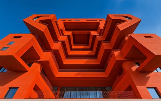 Striking red architectural structure with geometric design against blue sky.