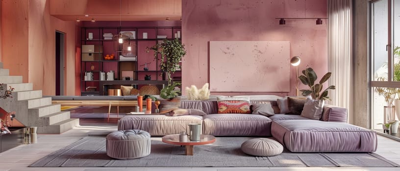 Open concept living area blends modern design with cozy textures and vibrant plants