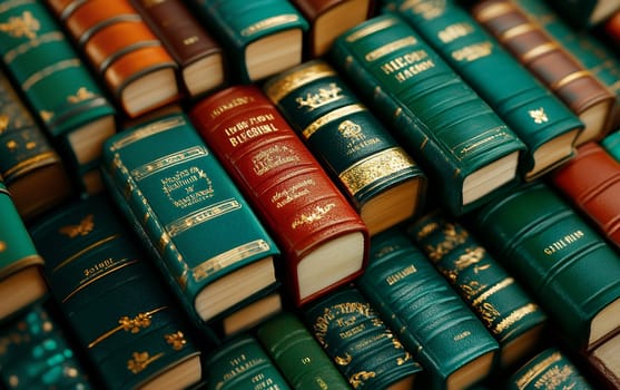 Rows of vintage leather-bound books with gold detailing in a library.