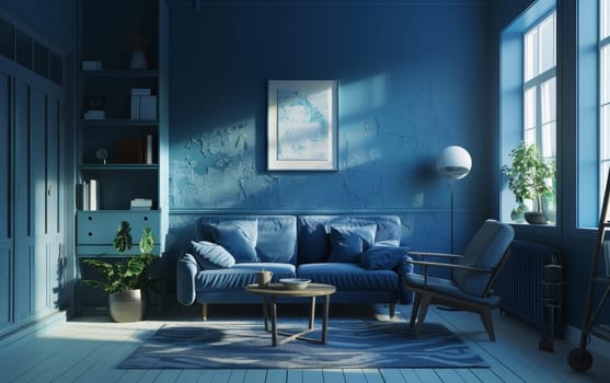 Deep blue tones and cozy textures fill this stylish living room with a calming ambiance
